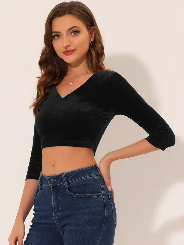 Special Discounts Inside!Velvet Blouse V Neck 3/4 Sleeve Solid Crop Top