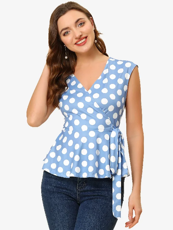 New Discounts Just Dropped!Sleeveless Elegant V Neck Self Tie Front Polka Dot Wrap Blouse New Discounts Just Dropped!Sleeveless Elegant V Neck Self Tie Front Polka Dot Wrap Blouse