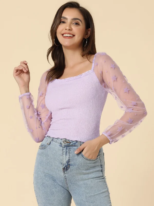 Limited Stock Available!Sheer Star Long Sleeve Square Neck Sexy Textured Gothic Crop Top Limited Stock Available!Sheer Star Long Sleeve Square Neck Sexy Textured Gothic Crop Top