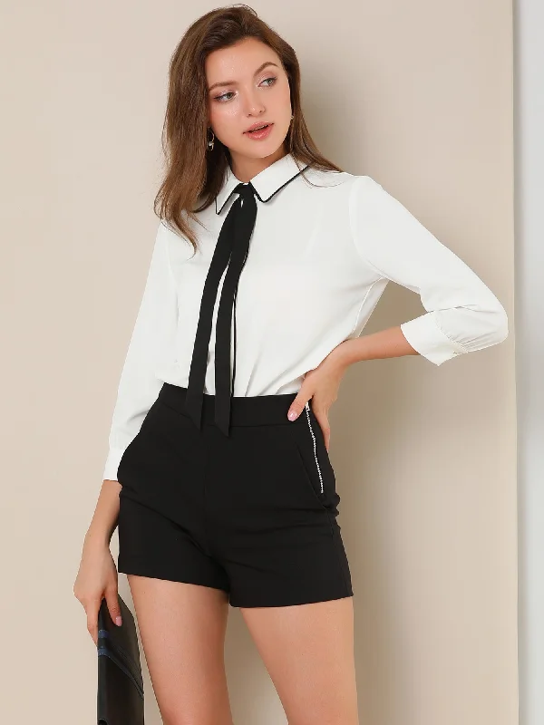 The Best Offers Are Here!Elegant Contrast Collar 3/4 Sleeve Button Up Tie Neck Shirt
