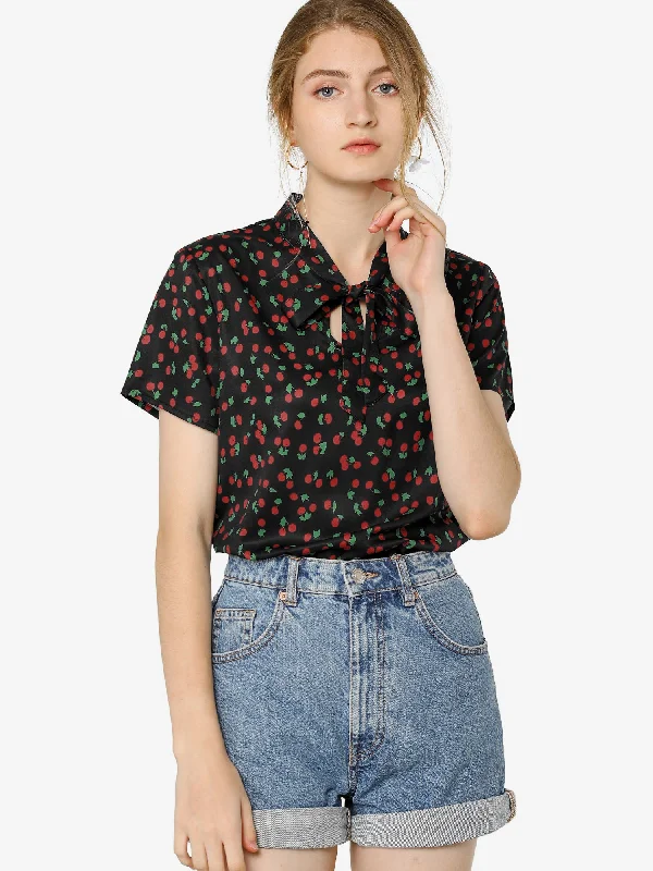 Save More Than Ever!Bow Tie Neck Short Sleeve Printed Chiffon Blouse