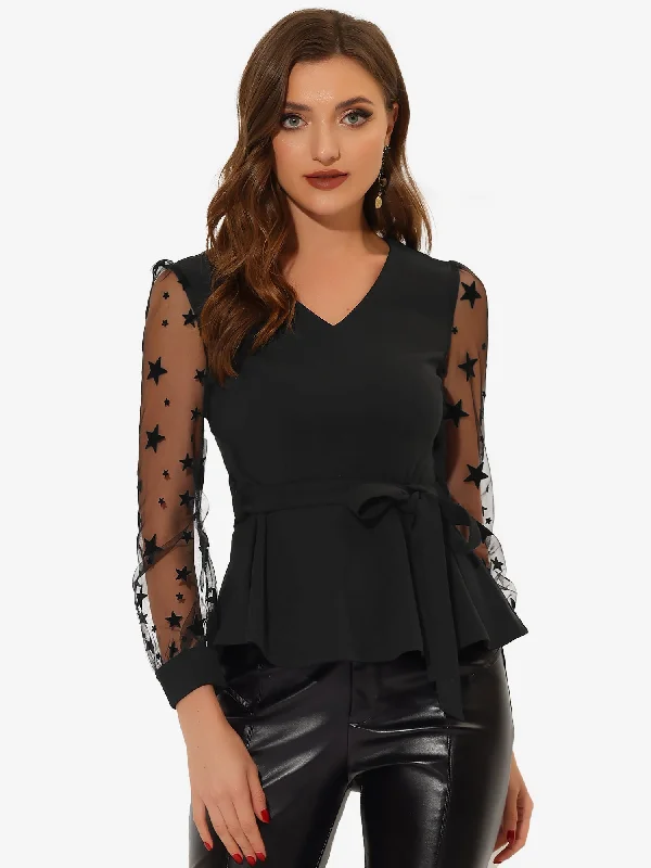Shop Before It’s Gone!Tie Waist Peplum Ruffle Hem Party V Neck Mesh Long Sleeve Blouse Shop Before It’s Gone!Tie Waist Peplum Ruffle Hem Party V Neck Mesh Long Sleeve Blouse