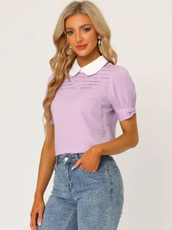 Get It Before It’s Gone!Pleated Contrast Peter Pan Collar Puff Short Sleeve Blouse Get It Before It’s Gone!Pleated Contrast Peter Pan Collar Puff Short Sleeve Blouse