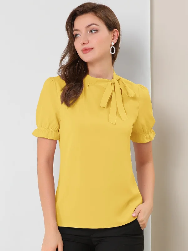 Your Exclusive Offer Awaits!Bow Tie Neck Tops Elegant Office Short Sleeve Blouse