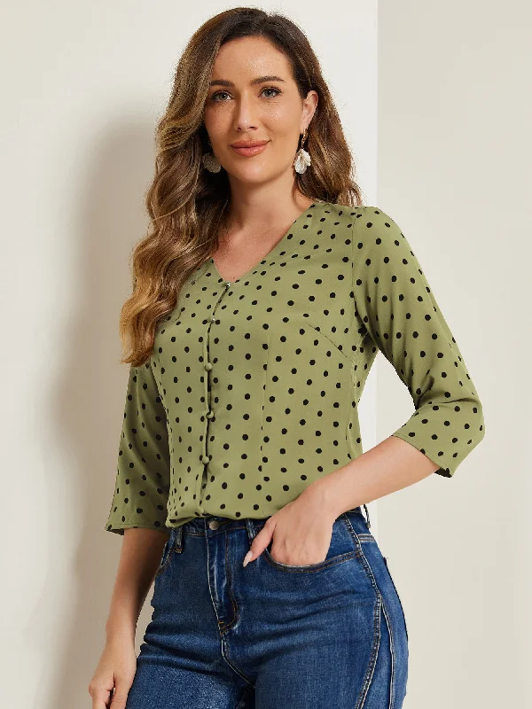 Special Offer – Act Fast!Polka Dots 3/4 Sleeve Button Front Vintage Office Blouse Top