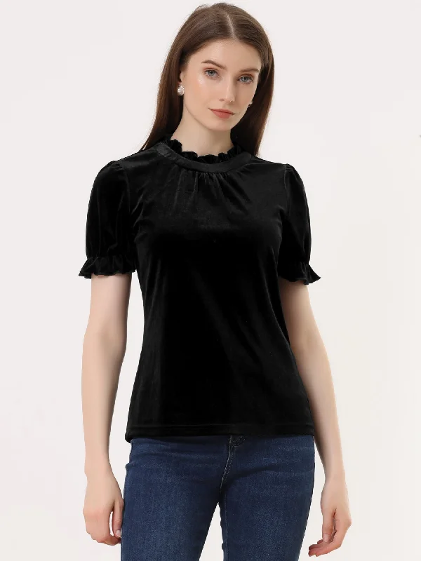 Unmissable Offers Await!Ruffle Collar Short Cuff Sleeve Velvet Tops Blouse