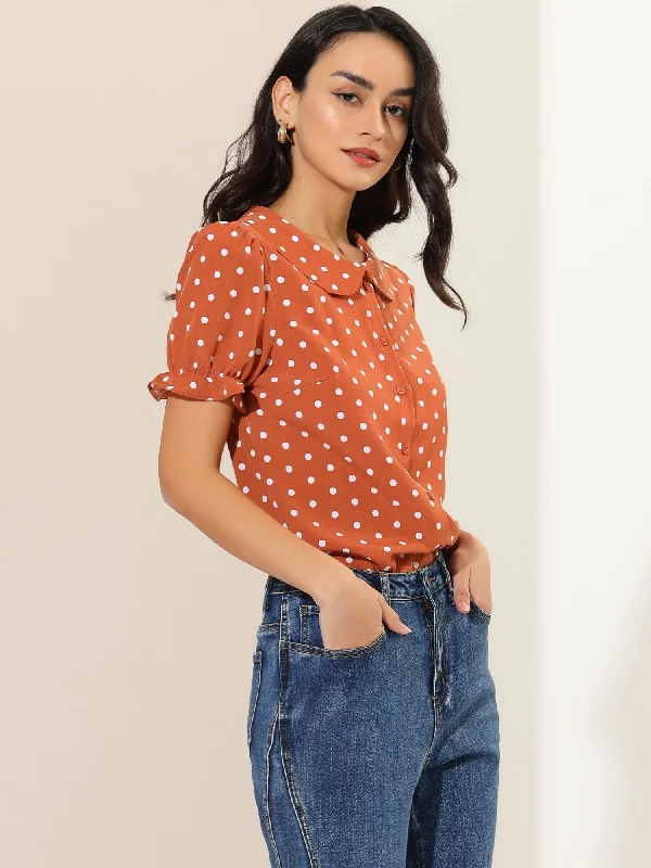 Unmissable Offers Await!Polka Dot Short Puff Sleeve Button Up Peter Pan Collar Blouse Unmissable Offers Await!Polka Dot Short Puff Sleeve Button Up Peter Pan Collar Blouse