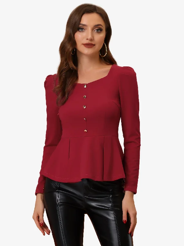 Exclusive Savings This Week!Square Neck Peplum Halloween Long Sleeve Knit Party Club Blouse