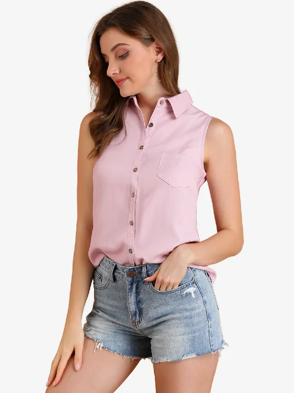 The Best Offers Are Here!Denim Collar Button Down Casual Office Sleeveless Shirt