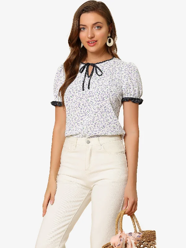 Get the Best for Less!Tie Neck Contrast Trim Short Sleeve Floral Blouse Tops
