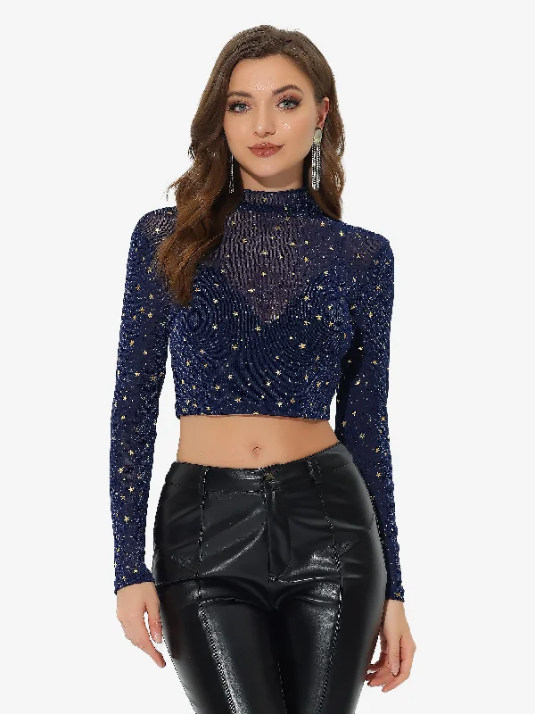Special Offer – Act Fast!Mesh Crop Top Stars Mock Neck Party See Through Blouse