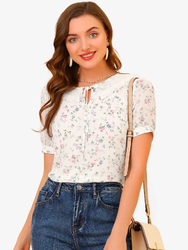 More Discounts, More Joy!Floral Blouse Peter Pan Collar Tie Neck Chiffon Shirt Top