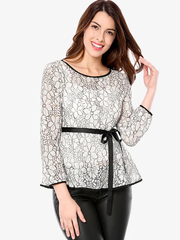 Your Shopping Wish, Our Discount Command!Elegant Tie Waist Long Sleeve Top Lace Peplum Blouses Your Shopping Wish, Our Discount Command!Elegant Tie Waist Long Sleeve Top Lace Peplum Blouses