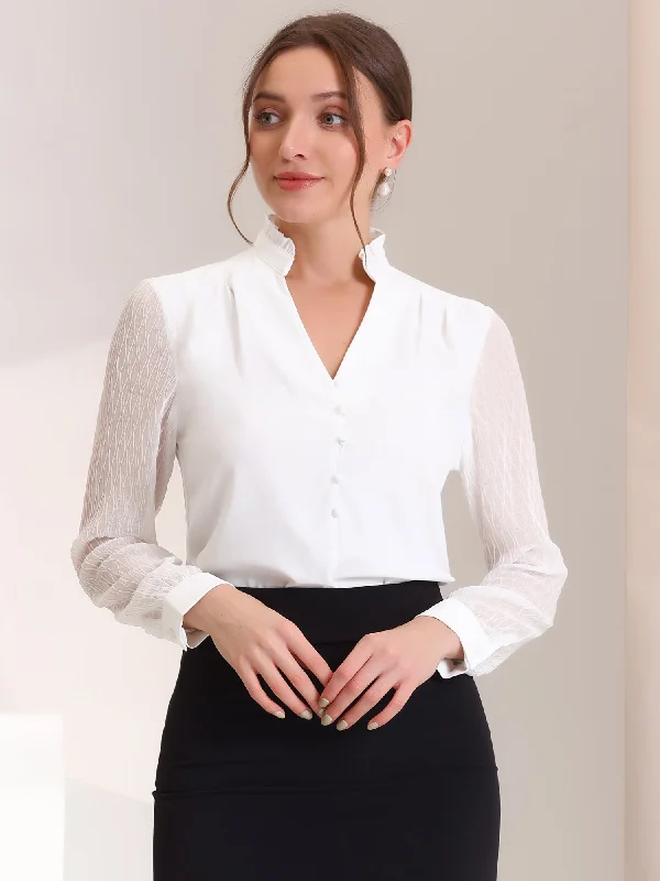 Must-Have Deals Inside!Office Ruffle V Neck Button Decor Sheer Long Sleeve Blouse