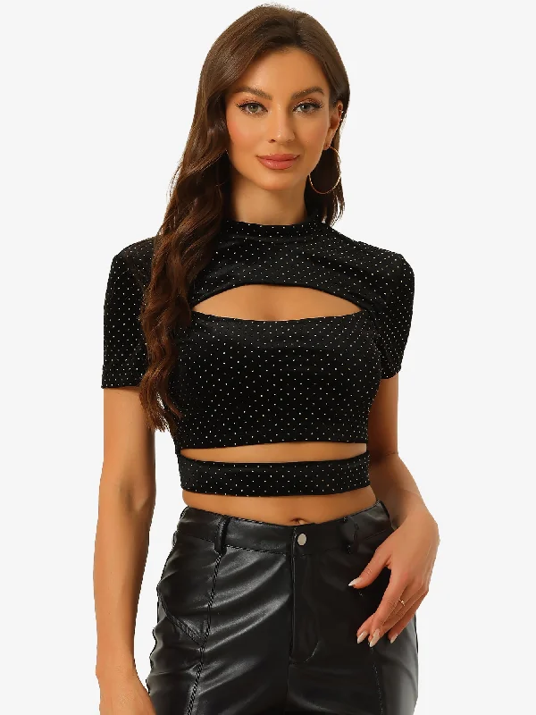 The Sale You’ve Been Waiting For!Cut Out Top Glitter Sparkle Velvet Short Sleeve Fitted Crop Tops The Sale You’ve Been Waiting For!Cut Out Top Glitter Sparkle Velvet Short Sleeve Fitted Crop Tops