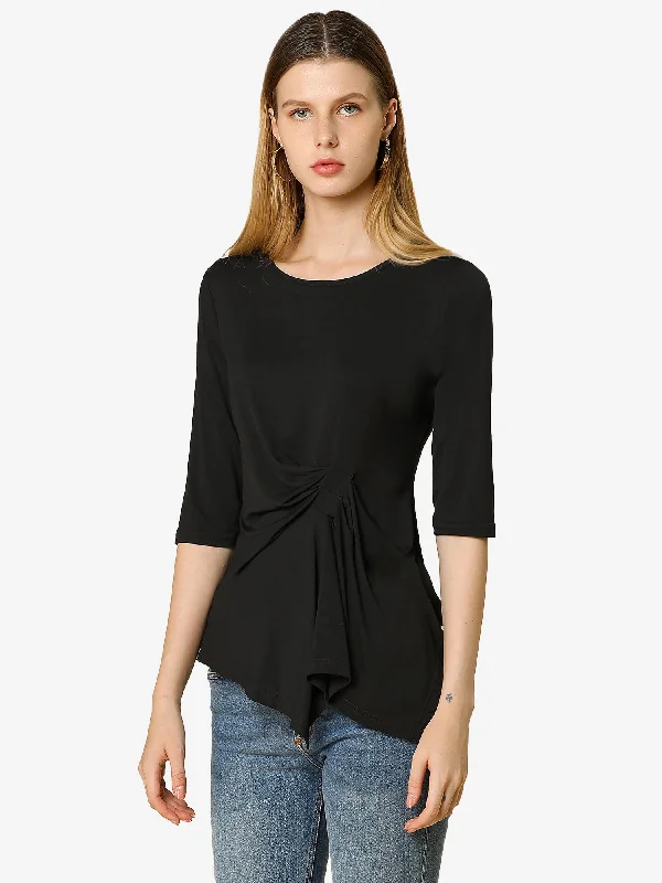 Score Big Savings Today!Asymmetrical Ruched Top Round Neck Half Sleeve Blouse Shirt