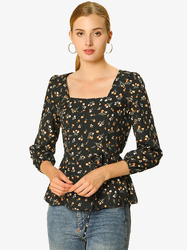 Best Offers of the Month!Floral Print Belted Waist Blouse Square Neck Vintage Peplum Top Best Offers of the Month!Floral Print Belted Waist Blouse Square Neck Vintage Peplum Top