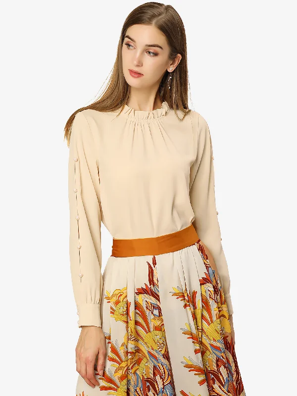 Exclusive Savings This Week!Chiffon Blouse Ruched Stand Collar Pearl Beaded Long Sleeve Work Top