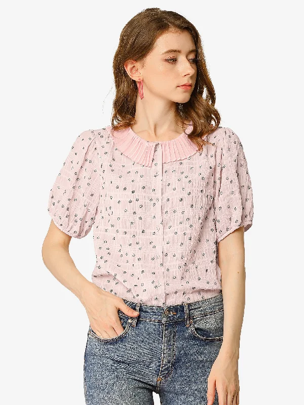 Crazy Discounts Inside!Button Down Short Sleeve Shirt Pleated Collar Floral Blouse Crazy Discounts Inside!Button Down Short Sleeve Shirt Pleated Collar Floral Blouse
