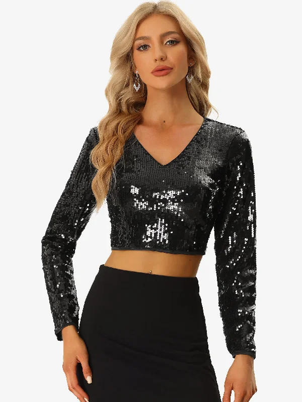 Exclusive Offers You’ll Love!Sequin Long Sleeve V Neck Sparkly Shiny Crop Top Blouse Exclusive Offers You’ll Love!Sequin Long Sleeve V Neck Sparkly Shiny Crop Top Blouse