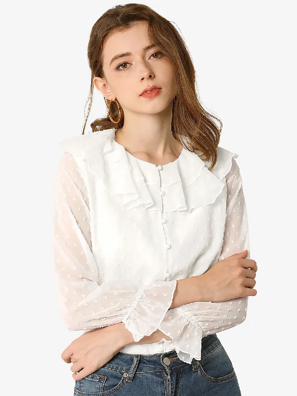 Biggest Sale of the Season!Swiss Dots Blouse Bracelet Sleeve Chiffon Boho Ruffle Neck Tops Biggest Sale of the Season!Swiss Dots Blouse Bracelet Sleeve Chiffon Boho Ruffle Neck Tops
