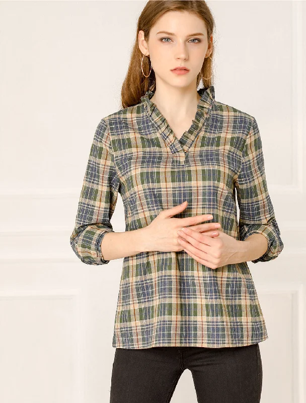 Only a Few Left – Order Now!Ruffle Collar Cotton Blouse Plaid Shirt Long Sleeve V Neck Tops Only a Few Left – Order Now!Ruffle Collar Cotton Blouse Plaid Shirt Long Sleeve V Neck Tops