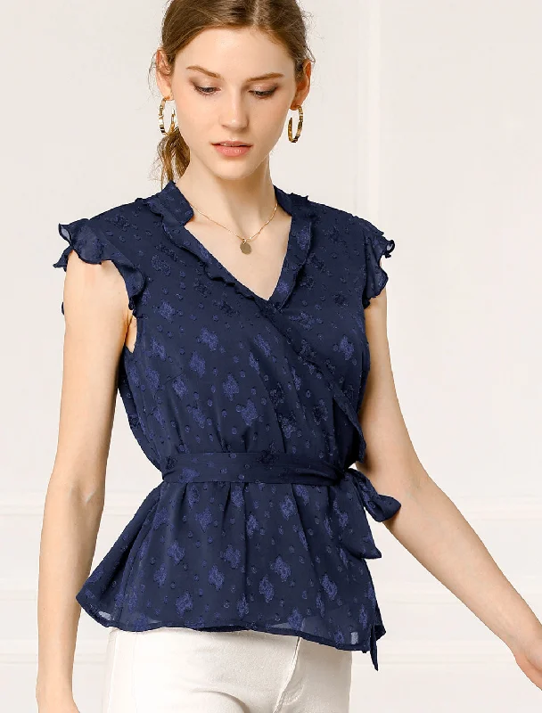 Hurry, Sale Ends Soon!V Neck Ruffle Sleeveless Peplum Faux Wrap Tie Top Blouse