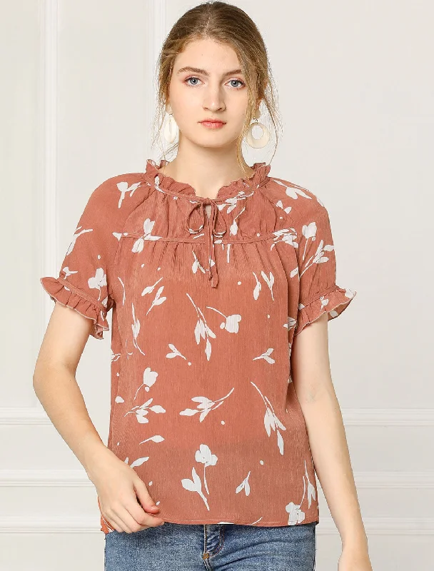 Upgrade for Less!Floral Tie Neck Ruffle Short Sleeve Peasant Blouse Top