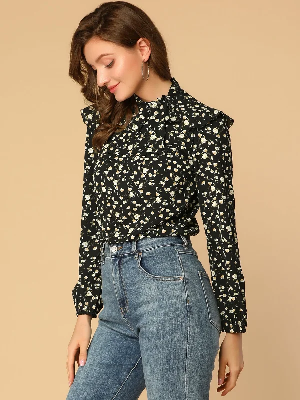 Unbeatable Prices!Bow Tie Neck Long Sleeve Floral Ruffled Blouse