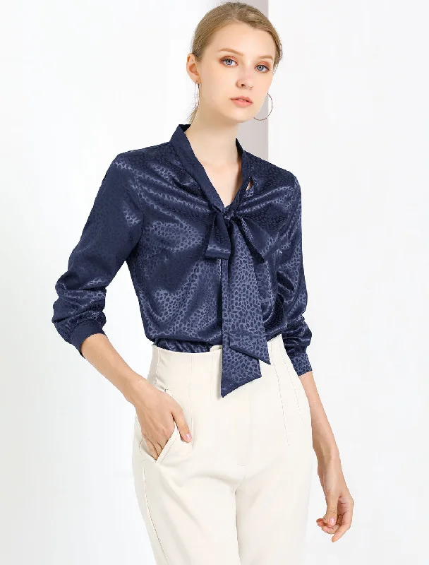 Best Deals Just for You!Bow Tie Neck Long Sleeve Printed Pussy Satin Blouse Tops