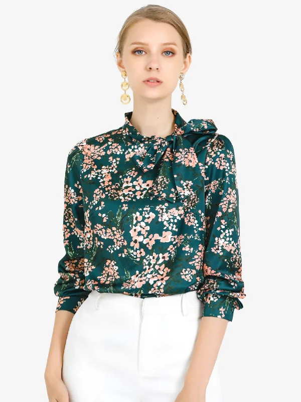 Get More for Less!Bow Tie Neck Puff Sleeve Floral Elegant Work Top Blouse