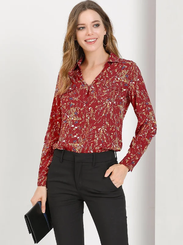 Get the Best for Less!Elegant V-Neck Shirt Floral Faux Pocket Long Sleeve Blouse