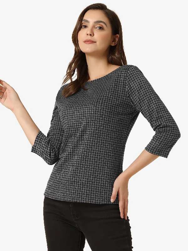 Bigger Savings, Better Shopping!Work Office 3/4 Sleeve Boat Neck Houndstooth Printed Top Blouse Bigger Savings, Better Shopping!Work Office 3/4 Sleeve Boat Neck Houndstooth Printed Top Blouse