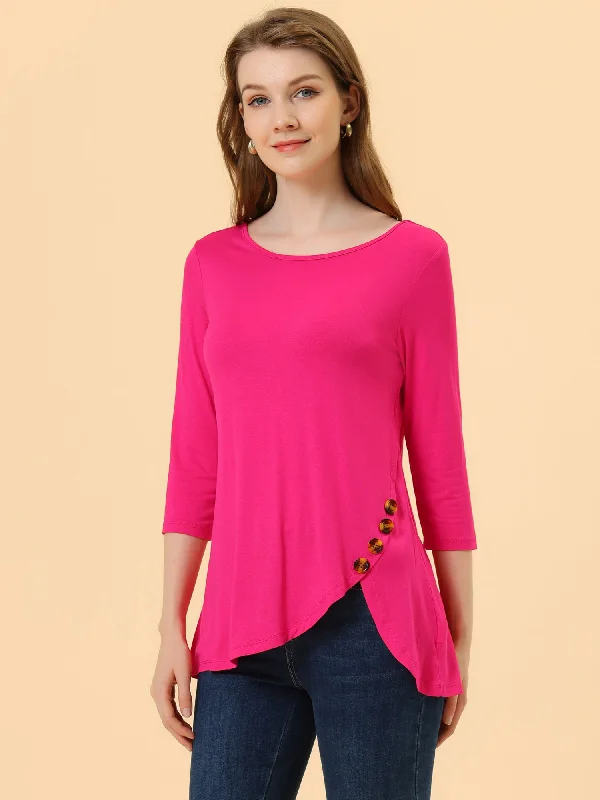 Score Huge Discounts Today!3/4 Sleeve Round Neck Button Decor Casual Stretchy Tunic Tops Score Huge Discounts Today!3/4 Sleeve Round Neck Button Decor Casual Stretchy Tunic Tops