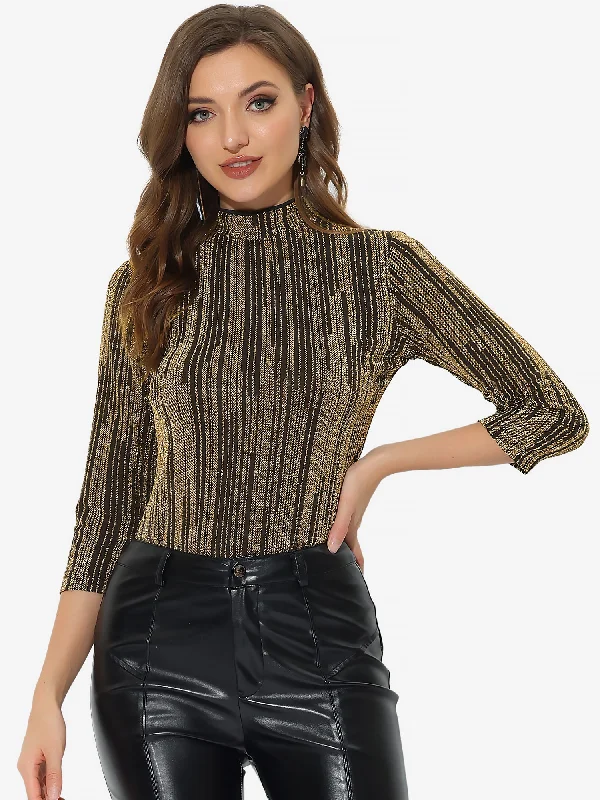 Your Exclusive Offer Awaits!Party Glitter 3/4 Sleeve Shiny Striped Metallic Tops
