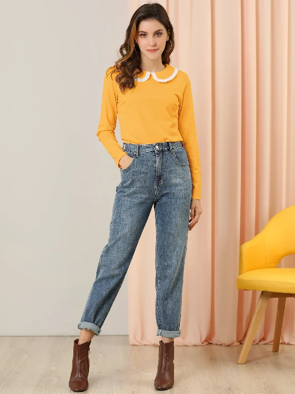 Limited-Time Price Drop!Peter Pan Collar Blouse Basic Knit T-Shirt Long Sleeve Shirt Limited-Time Price Drop!Peter Pan Collar Blouse Basic Knit T-Shirt Long Sleeve Shirt