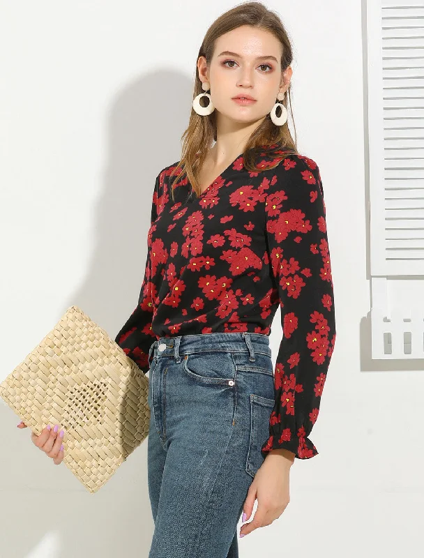 Shop Smart, Save Big!Floral Print Puff Shoulder Ruffle Cuff Long Sleeve V Neck Blouse Shop Smart, Save Big!Floral Print Puff Shoulder Ruffle Cuff Long Sleeve V Neck Blouse