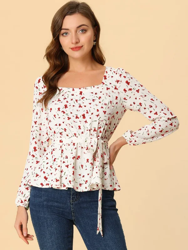 Your Dream Deal is Here!Long Sleeve Square Neck Belted Peplum Floral Top Blouse