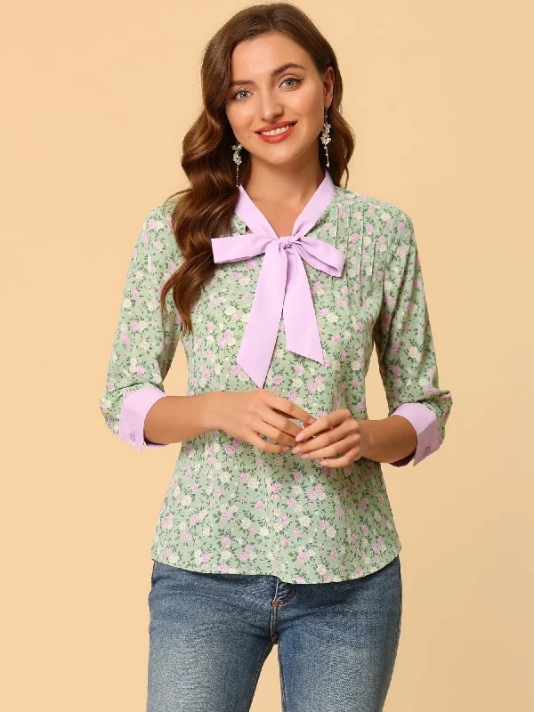 Buy More, Save More!Floral Tops Bow Tie V Neck Contrast Trim 3/4 Sleeve Vintage Blouse Buy More, Save More!Floral Tops Bow Tie V Neck Contrast Trim 3/4 Sleeve Vintage Blouse