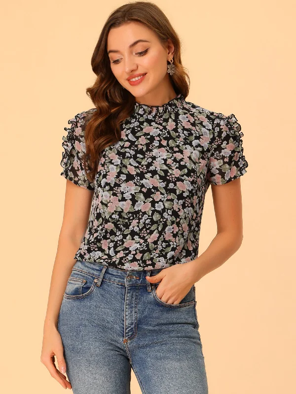 Unlock Huge Savings Now!Summer Ruffled Neck Frill Trim Short Sleeve Chiffon Floral Blouse