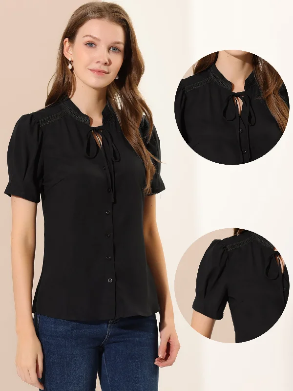 Get It Before It’s Gone!Summer Puff Short Sleeve Tie Neck Work Office Button Down Blouse Get It Before It’s Gone!Summer Puff Short Sleeve Tie Neck Work Office Button Down Blouse