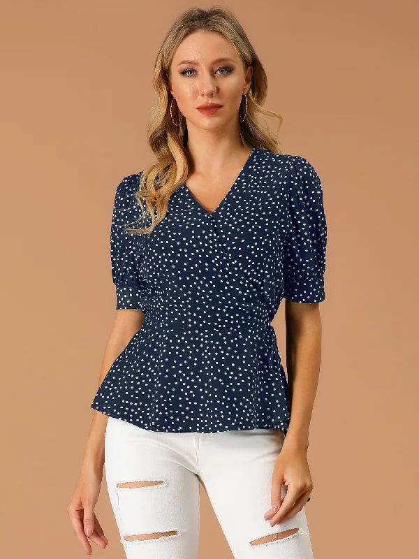 Mega Sale Happening Now!V Neck Polka Dots Blouse Short Sleeve Wrap Peplum Top