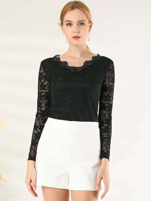 Massive Price Cuts!Floral Embroidery Sheer Long Sleeve Lace Blouse Top