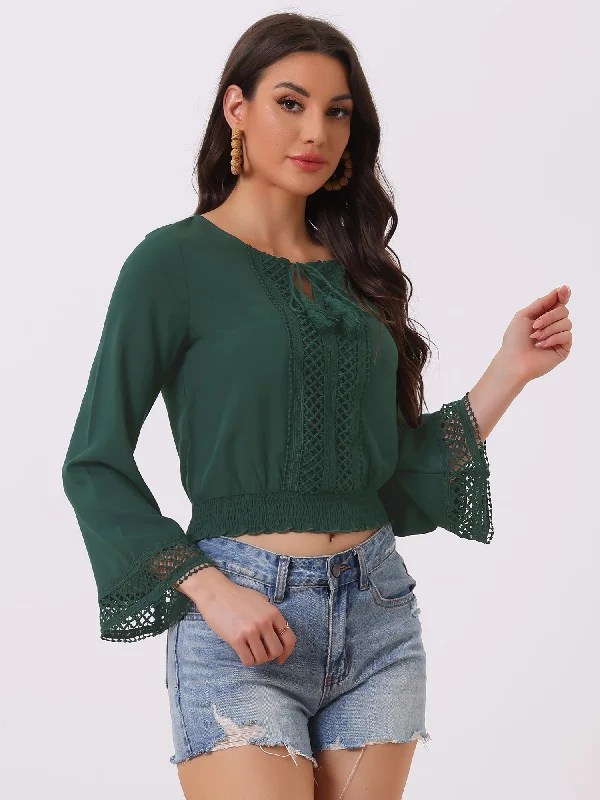 Enjoy Huge Discounts Now!Boho Beach Blouse Bell Sleeve Lace Trim Tie Neck Peasant Smocked Top Enjoy Huge Discounts Now!Boho Beach Blouse Bell Sleeve Lace Trim Tie Neck Peasant Smocked Top