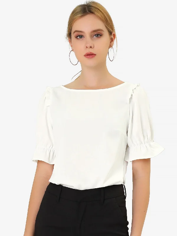 Lowest Prices Guaranteed!Round Neck Short Puff Sleeve Ruffle Top Blouse