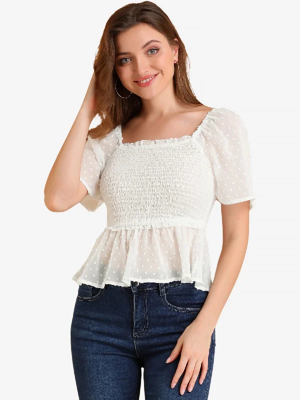 Find Your Perfect Deal Today!Smocked Square Neck Semi-Sheer Ruffle Summer Swiss Dots Blouse Find Your Perfect Deal Today!Smocked Square Neck Semi-Sheer Ruffle Summer Swiss Dots Blouse