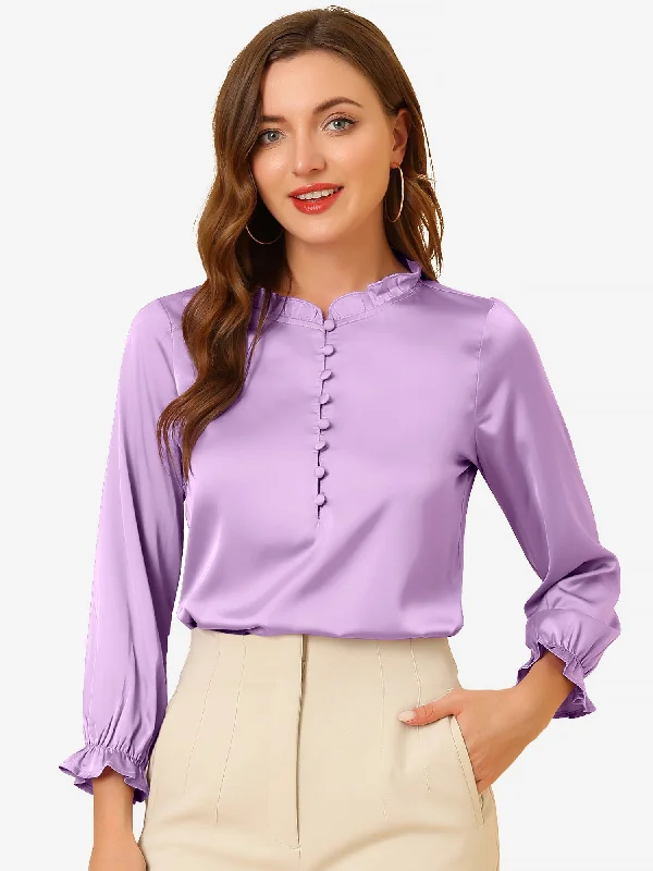 Best Price of the Season!Ruffle Neck Bubble Sleeve Elastic Cuff Button Satin Blouse Best Price of the Season!Ruffle Neck Bubble Sleeve Elastic Cuff Button Satin Blouse