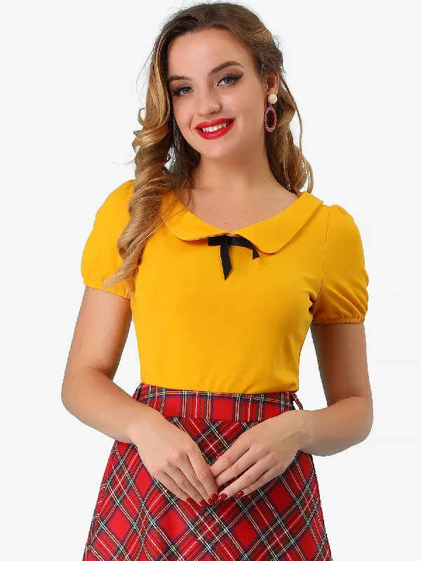 Find Your Perfect Deal Today!Bow Neck Solid Short Sleeve Peter Pan Collar Blouse