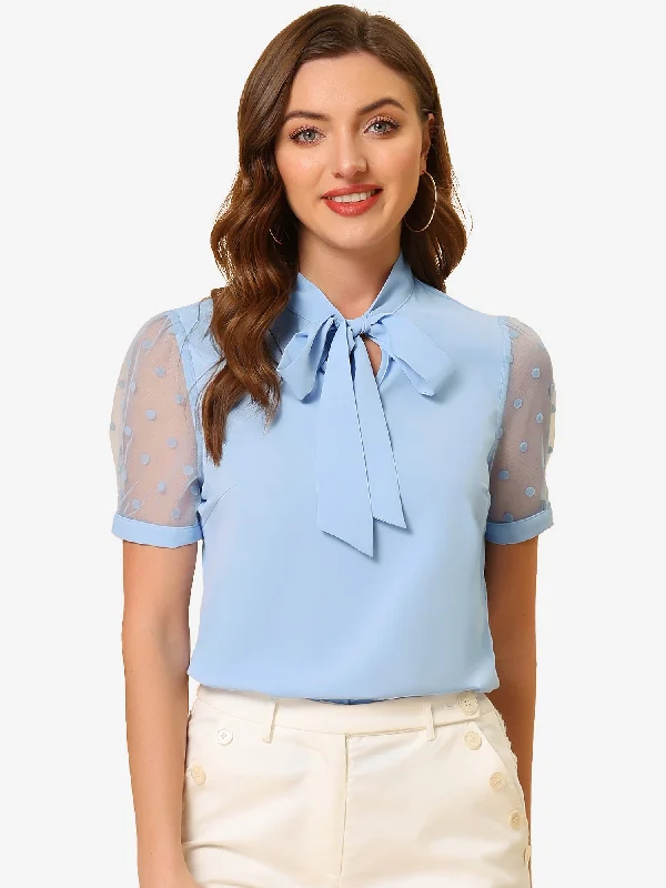 Limited Deals, Unlimited Savings!Bow Tie V Neck Stand Collar Short Mesh Sleeve Blouse Limited Deals, Unlimited Savings!Bow Tie V Neck Stand Collar Short Mesh Sleeve Blouse
