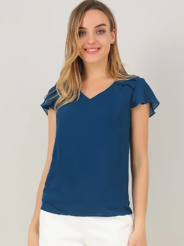 Steals and Deals Await!Chiffon Blouse Elegant V Neck Cap Sleeve Work Summer Top